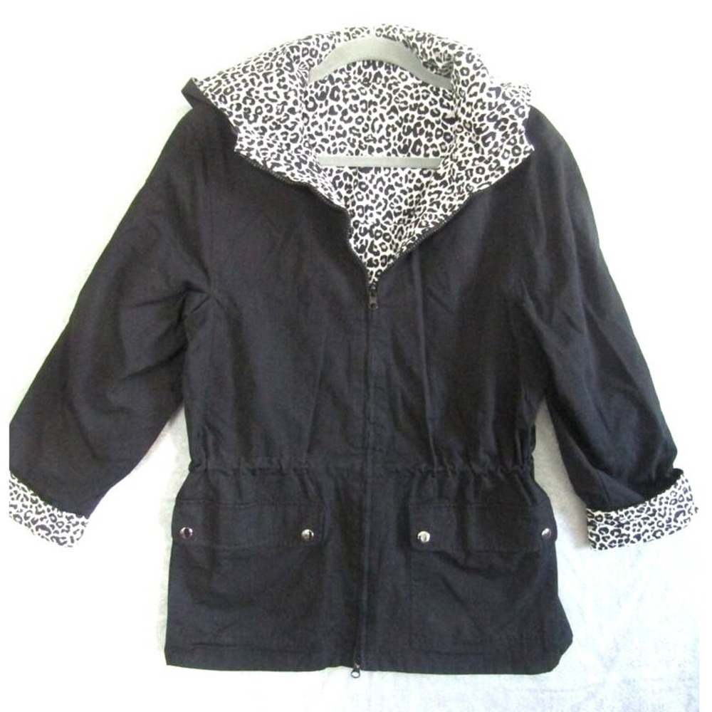 Reversible Leopard Print Jacket Casual Corner Annex Women's M Black Safari Hood